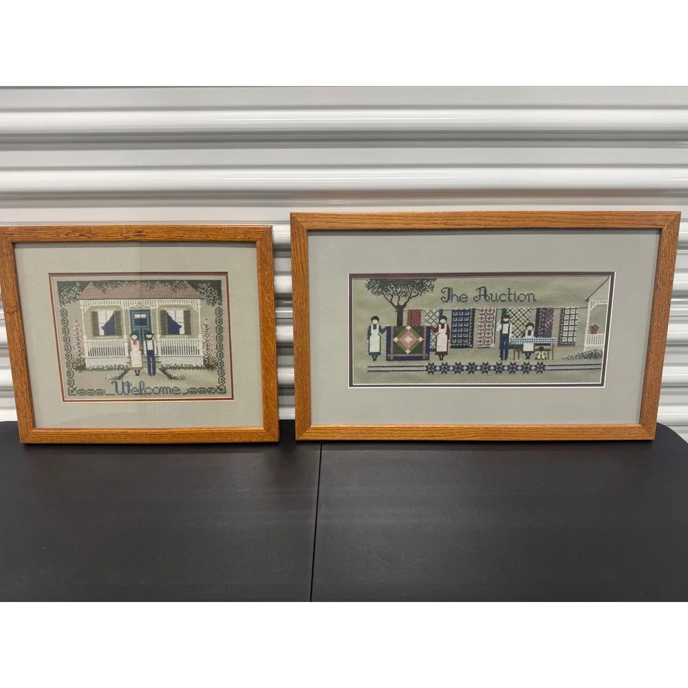 Vintage Amish Folk Art Framed Cross Stitch Set Welcome & The Auction Quilt Theme